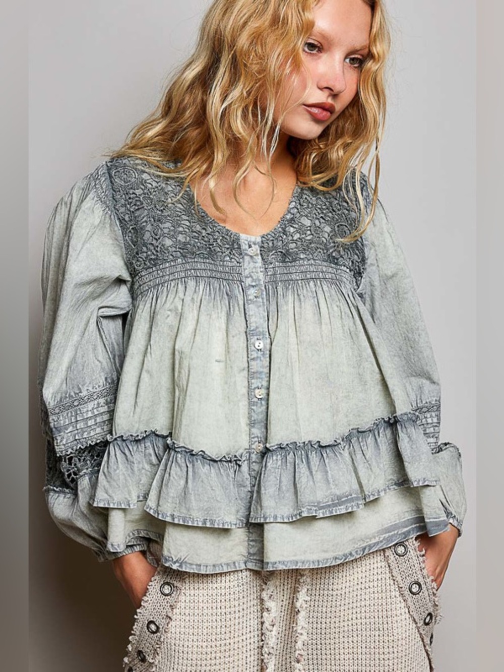 POL Washed Ruffle Button-Front Blouse - Picture 1 of 4